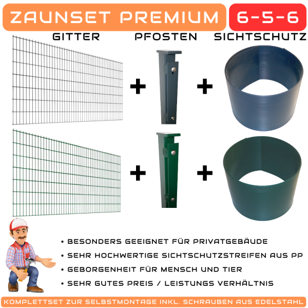 Zaun-Set Premium mit Sichtschutz 6-5-6 mm